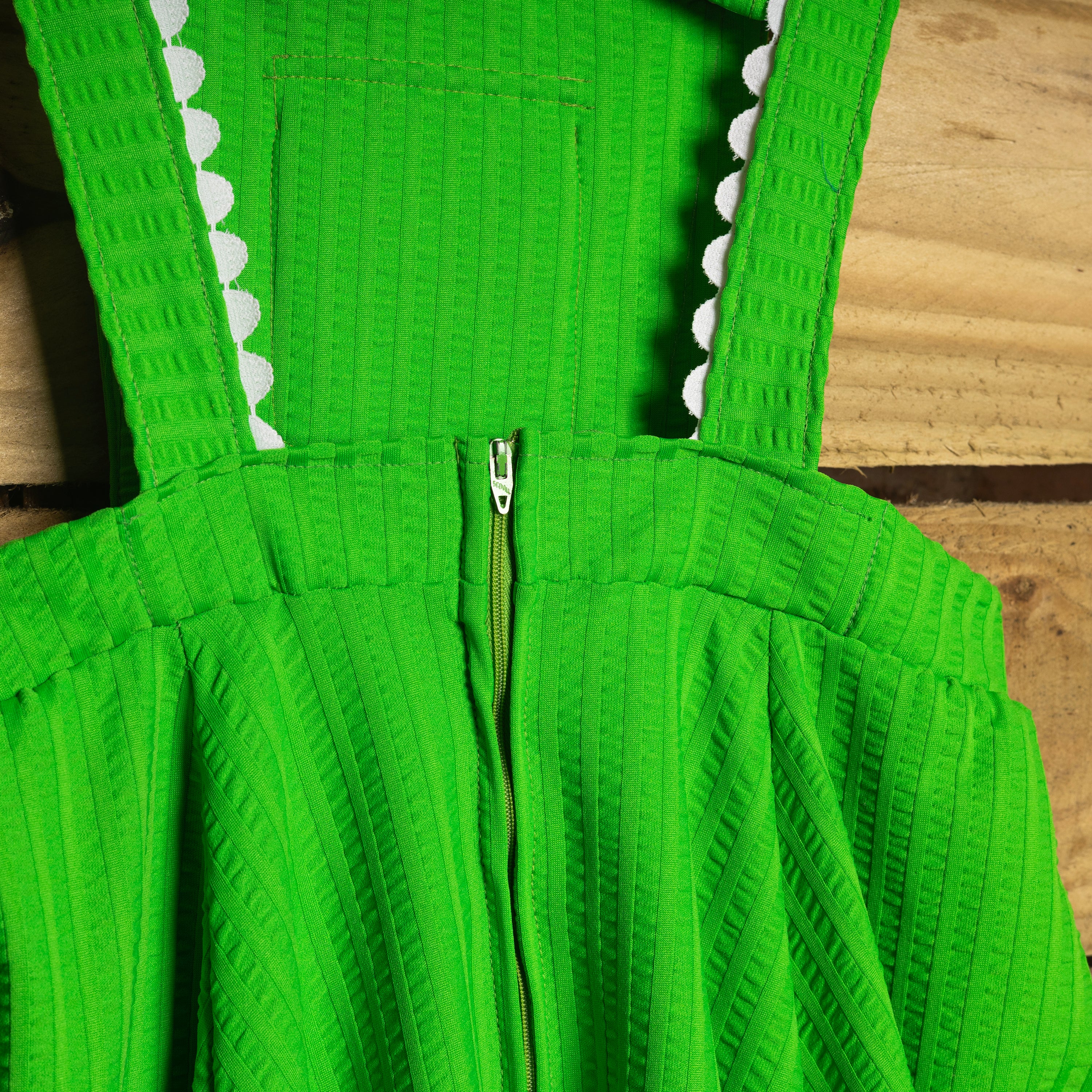 Rockmount Ranch Wear Vintage 1970s Green Overall Midi Dress | Sleeveless | Circle Zip | Ruffled Hemline