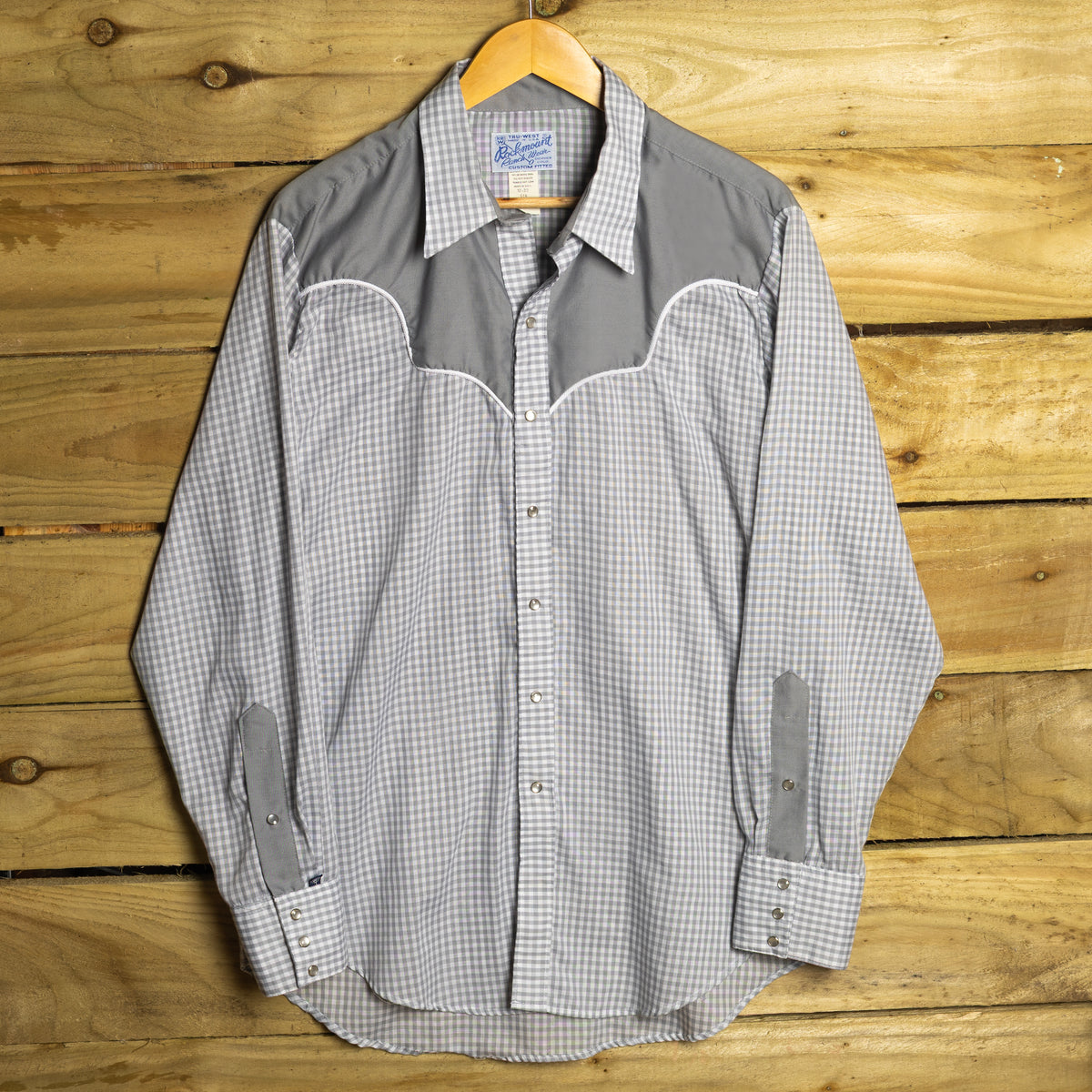 Vintage Rockmount Ranch Wear Grey & White Gingham Western Shirt with Pearl Snaps, Size L