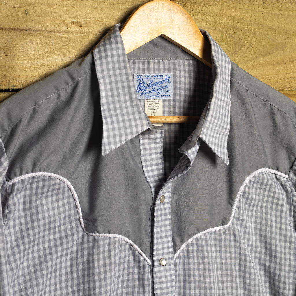 Vintage Rockmount Ranch Wear Grey & White Gingham Western Shirt with Pearl Snaps, Size L
