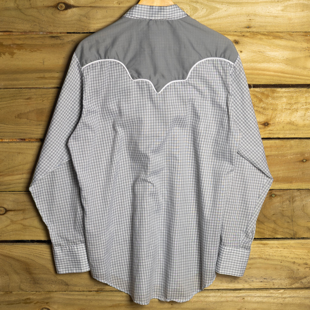 Vintage Rockmount Ranch Wear Grey & White Gingham Western Shirt with Pearl Snaps, Size L