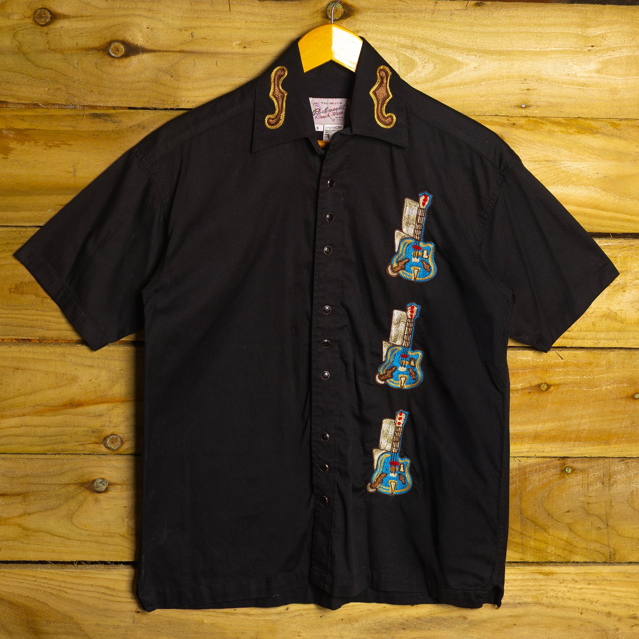 Rockmount Ranch Wear Guitar Embroidered Black Western Shirt with Pearl Snaps - Size Small