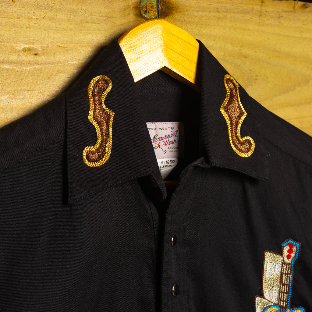 Rockmount Ranch Wear Guitar Embroidered Black Western Shirt with Pearl Snaps - Size Small