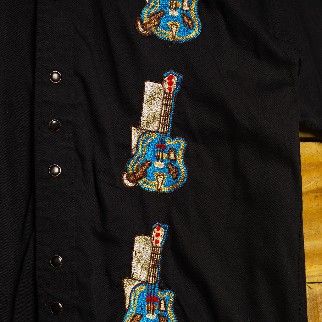 Rockmount Ranch Wear Guitar Embroidered Black Western Shirt with Pearl Snaps - Size Small