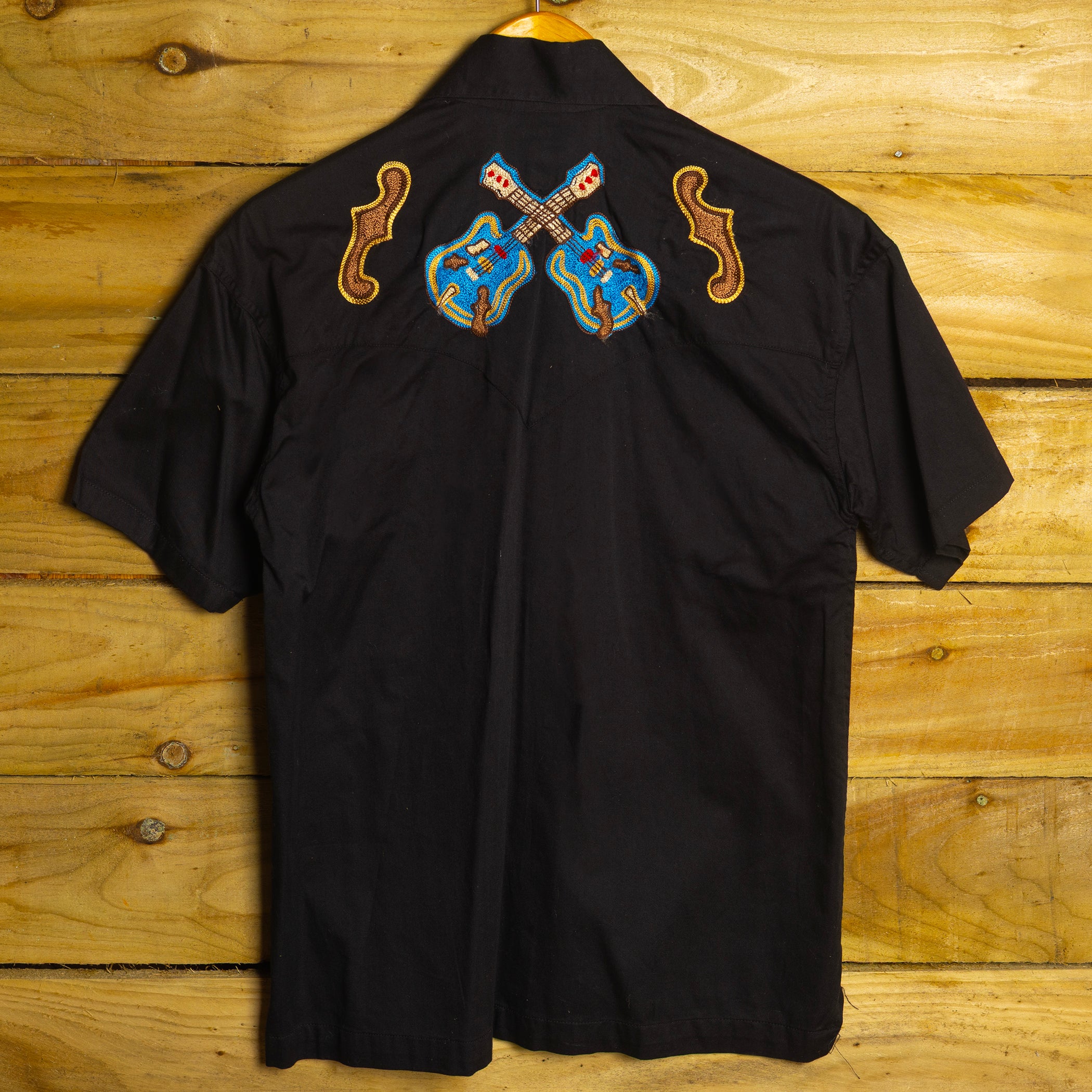 Rockmount Ranch Wear Guitar Embroidered Black Western Shirt with Pearl Snaps - Size Small