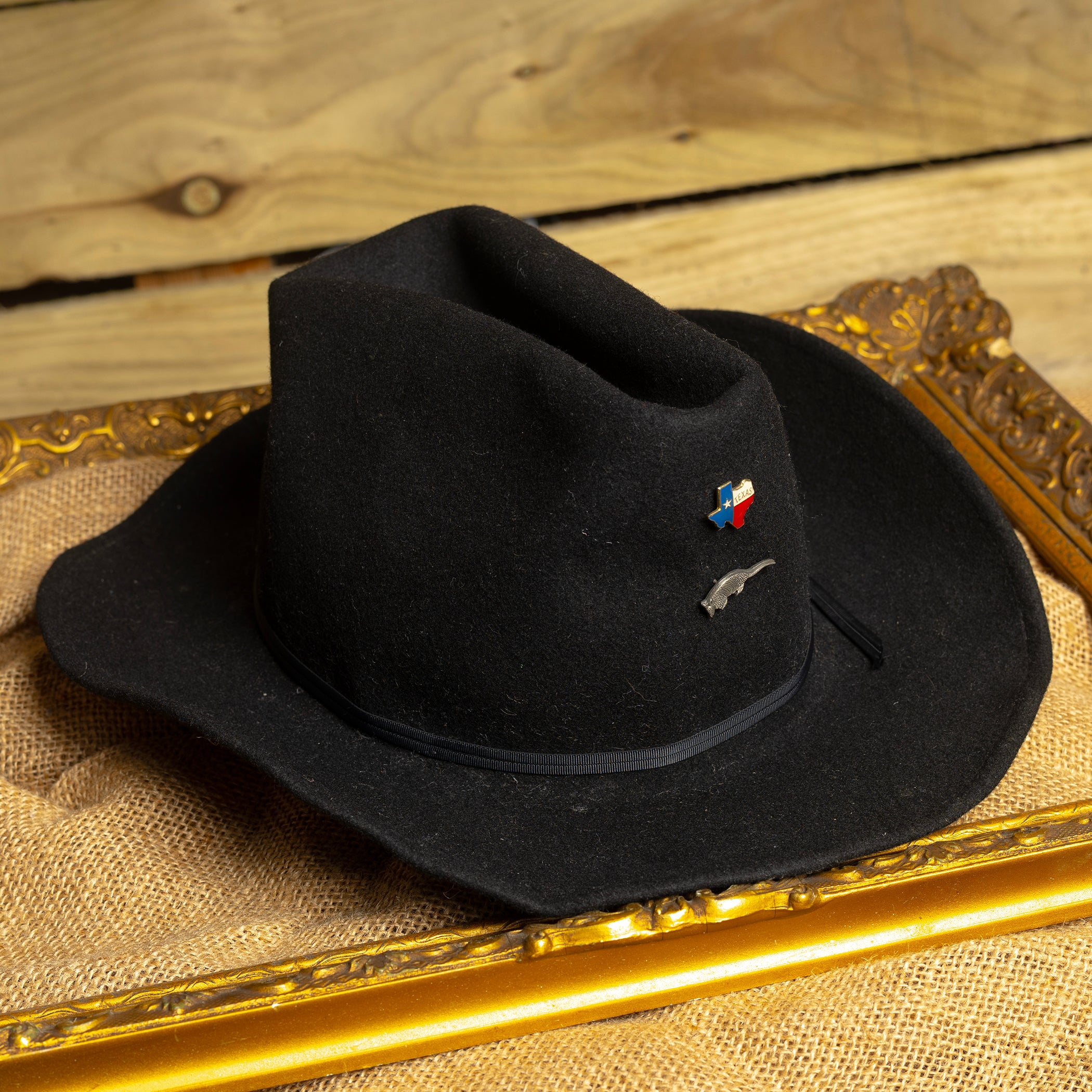 Rockmount Ranch Wear Black Texan Wool Cowboy Hat with Texas & Armadillo Pins