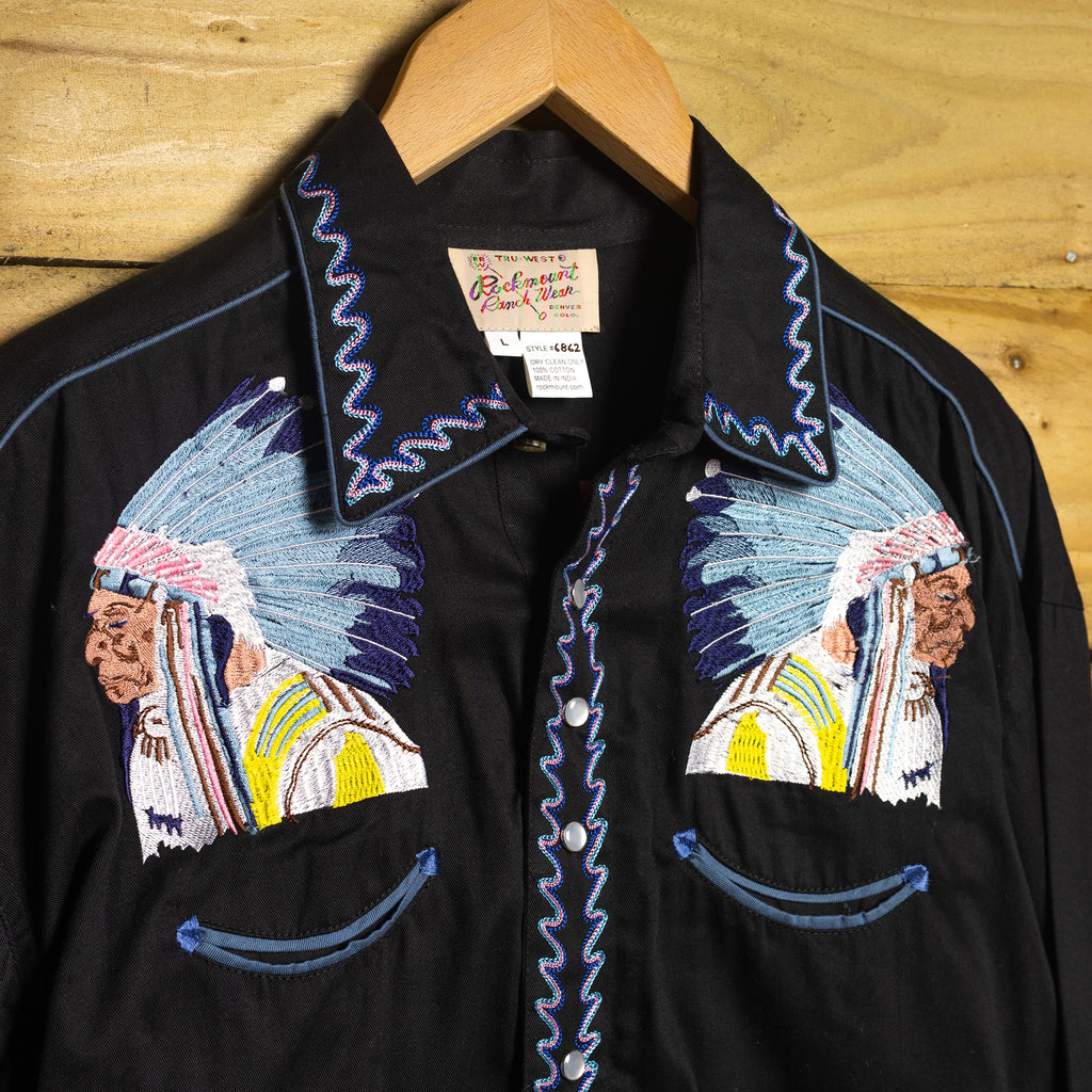 Rockmount Ranch Wear Black Embroidered Western Shirt - Pearl Snaps - Size L