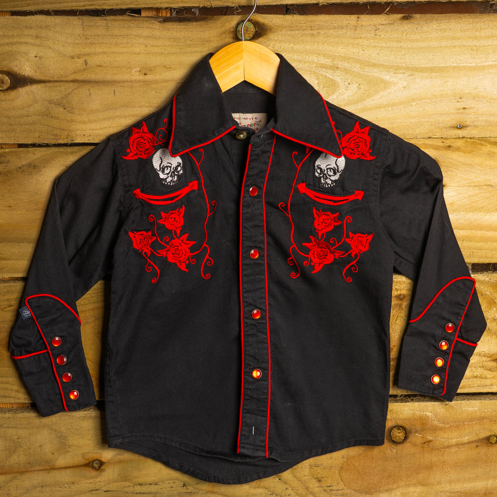 Rockmount Ranch Wear Kids Vintage Black & Red Embroidered Skull Pearl Snap Western Shirt — Size S