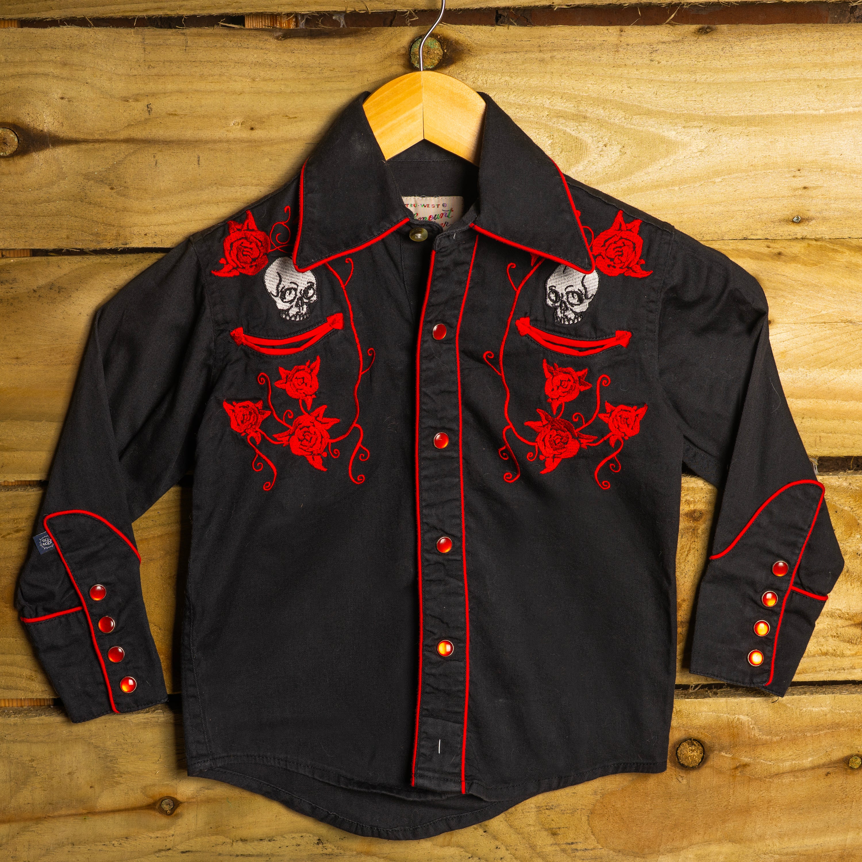 Rockmount Ranch Wear Kids Vintage Black & Red Embroidered Skull Pearl Snap Western Shirt — Size S