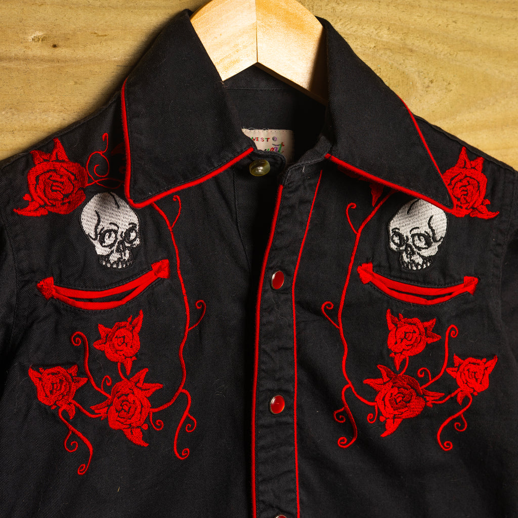 Rockmount Ranch Wear Kids Vintage Black & Red Embroidered Skull Pearl Snap Western Shirt — Size S