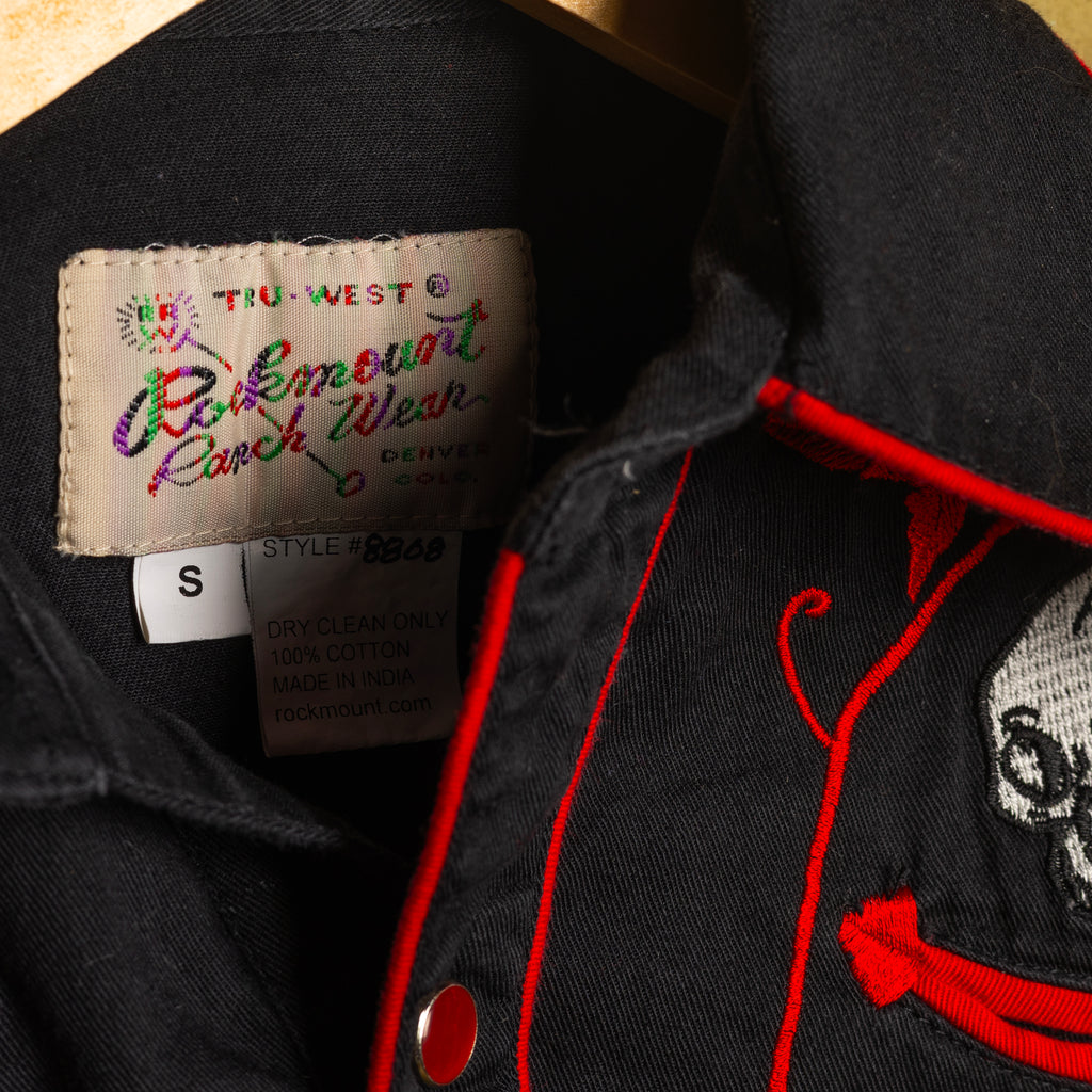 Rockmount Ranch Wear Kids Vintage Black & Red Embroidered Skull Pearl Snap Western Shirt — Size S