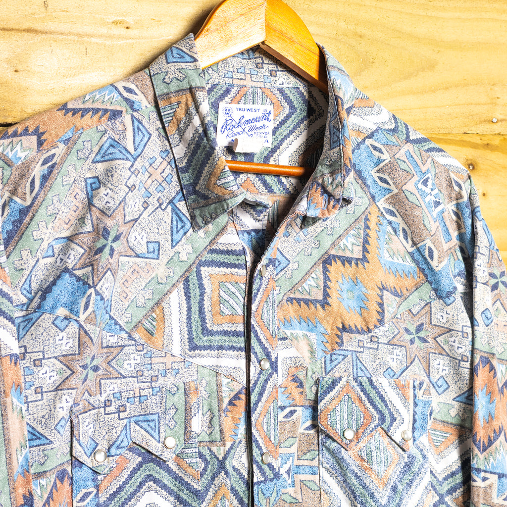 Vintage Rockmount Ranch Wear Aztec Print Western Shirt – Pearl Snaps, Size L
