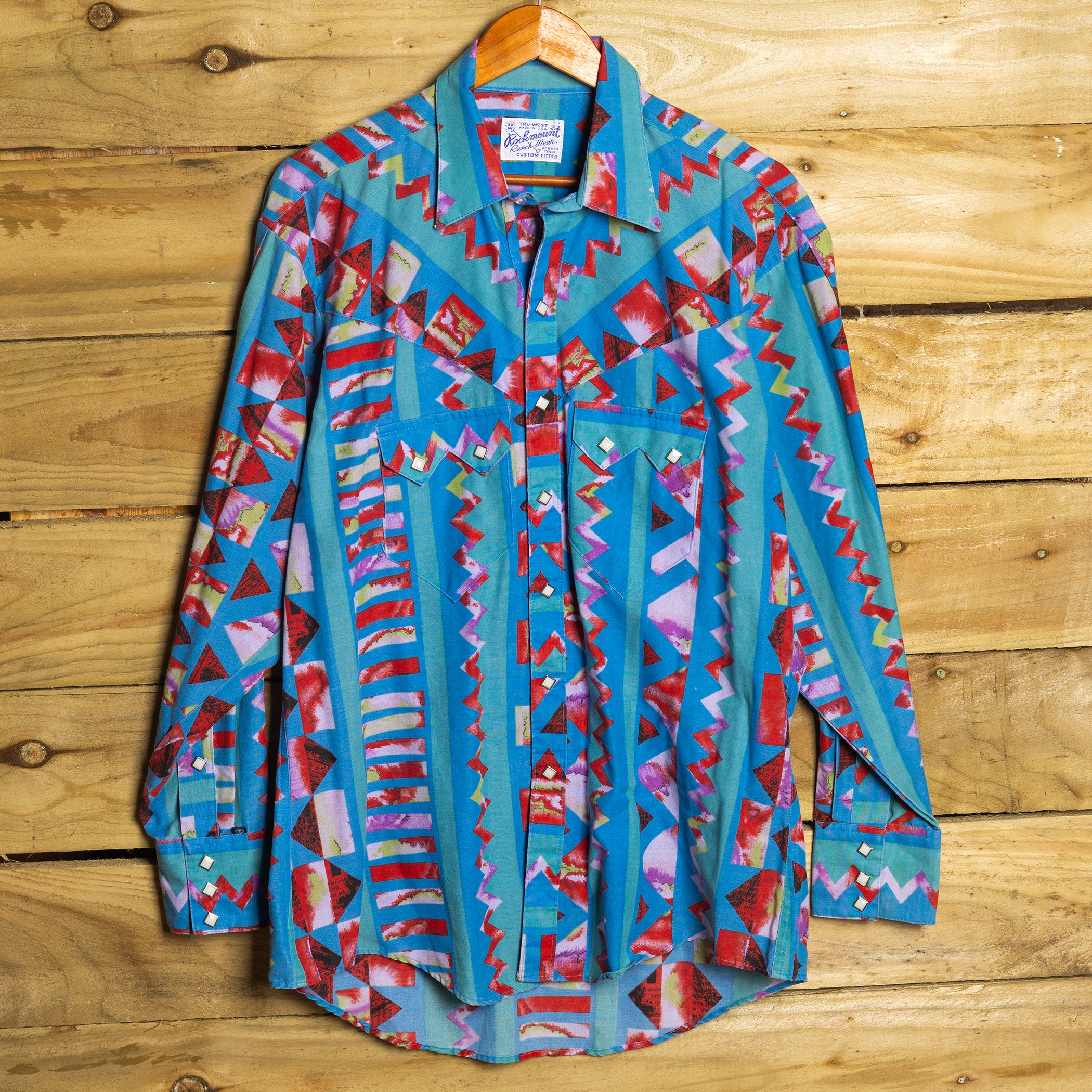 Rockmount Ranchwear Patterned Cowboy Shirt with Pearl Snaps - Size Large