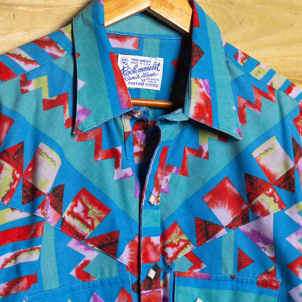Rockmount Ranchwear Patterned Cowboy Shirt with Pearl Snaps - Size Large