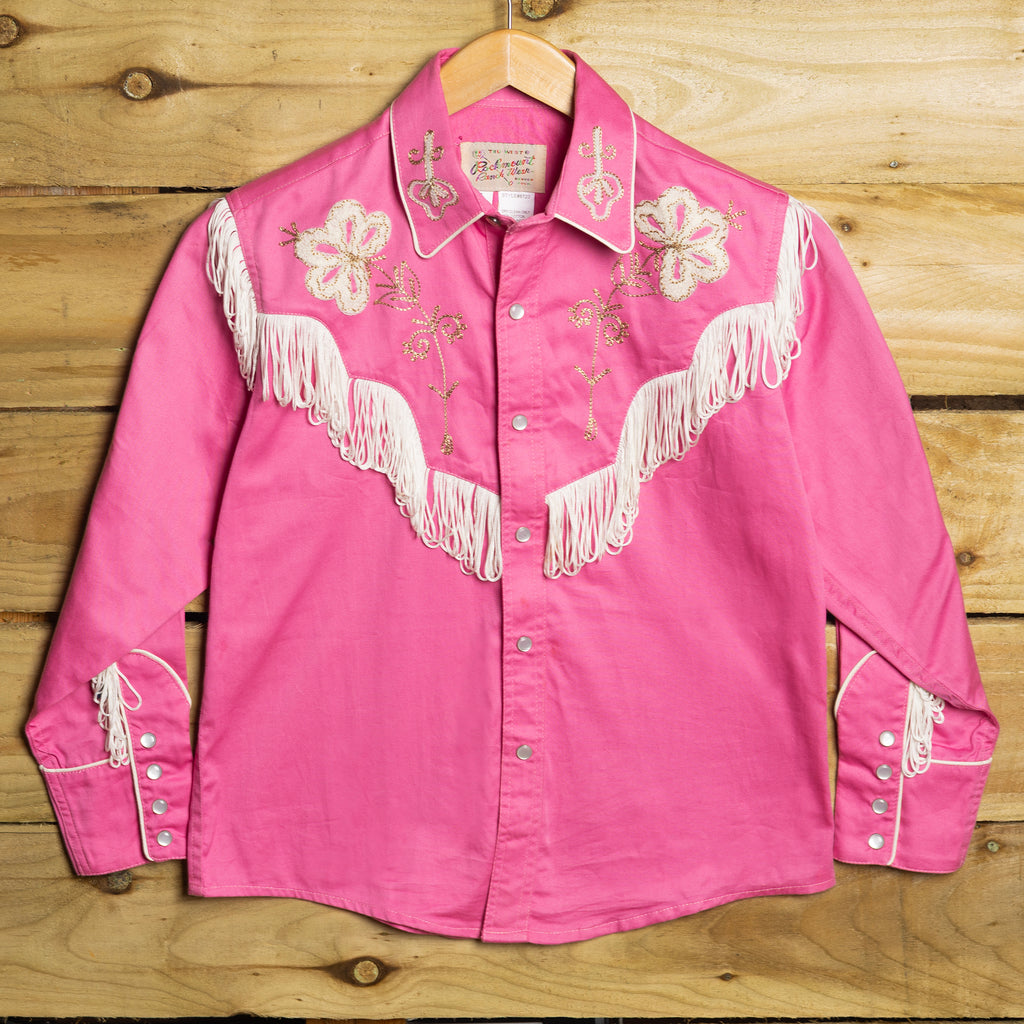 Rockmount Ranch Wear Girls Pink Embroidered Fringe Western Shirt – Pearl Snaps – Size L