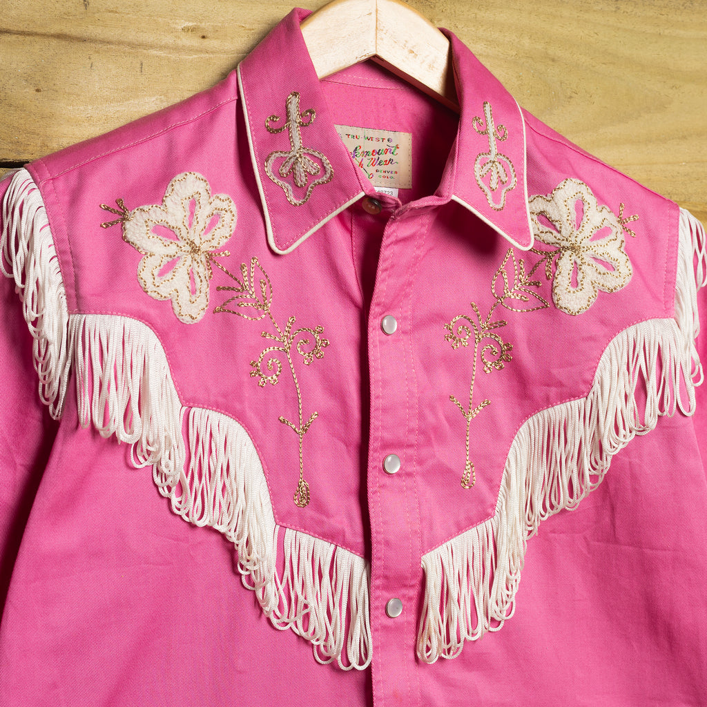 Rockmount Ranch Wear Girls Pink Embroidered Fringe Western Shirt – Pearl Snaps – Size L