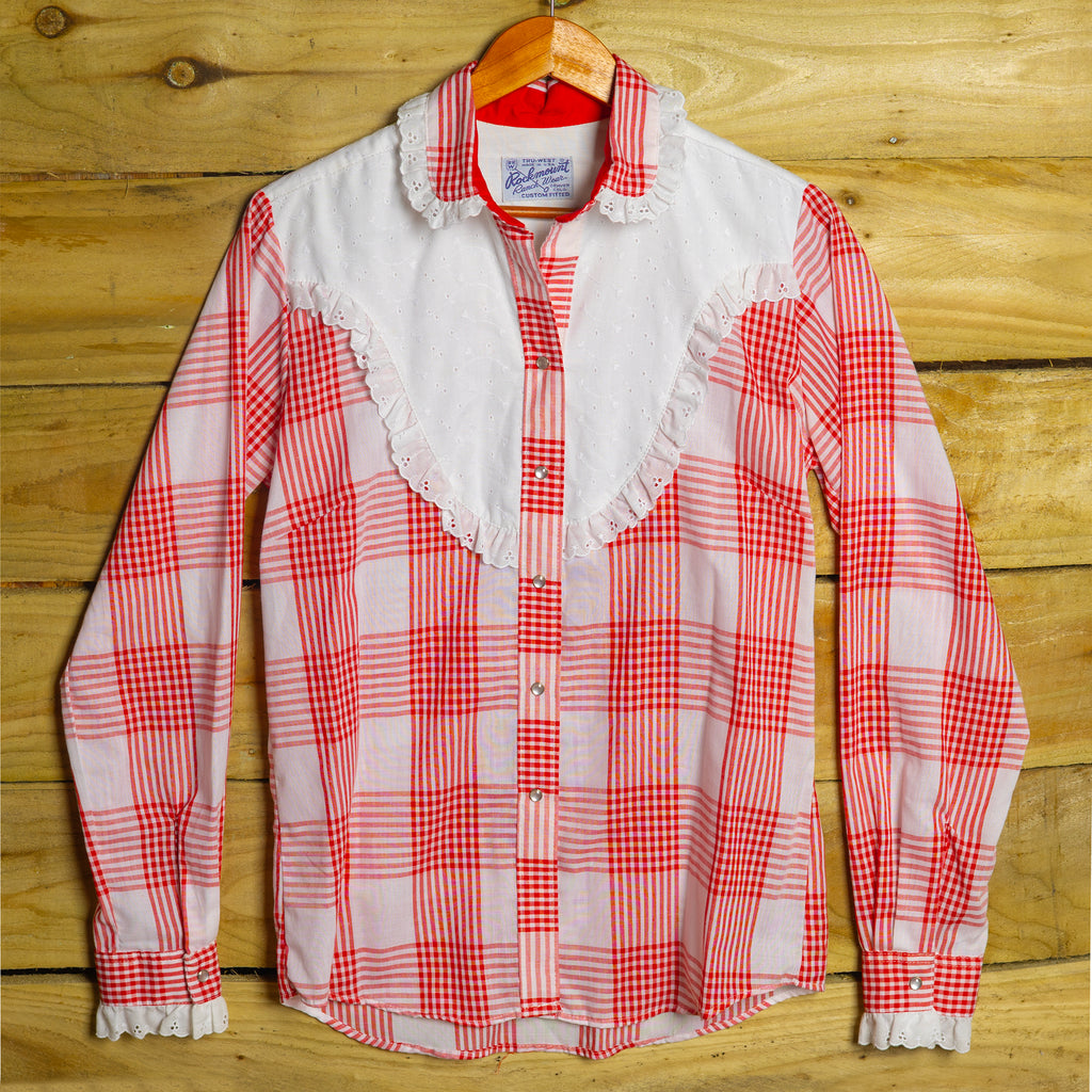 Rockmount Ranch Wear Red & White Western Blouse - Frilled Collar & Cuffs - Double Bow Back - Size M/10