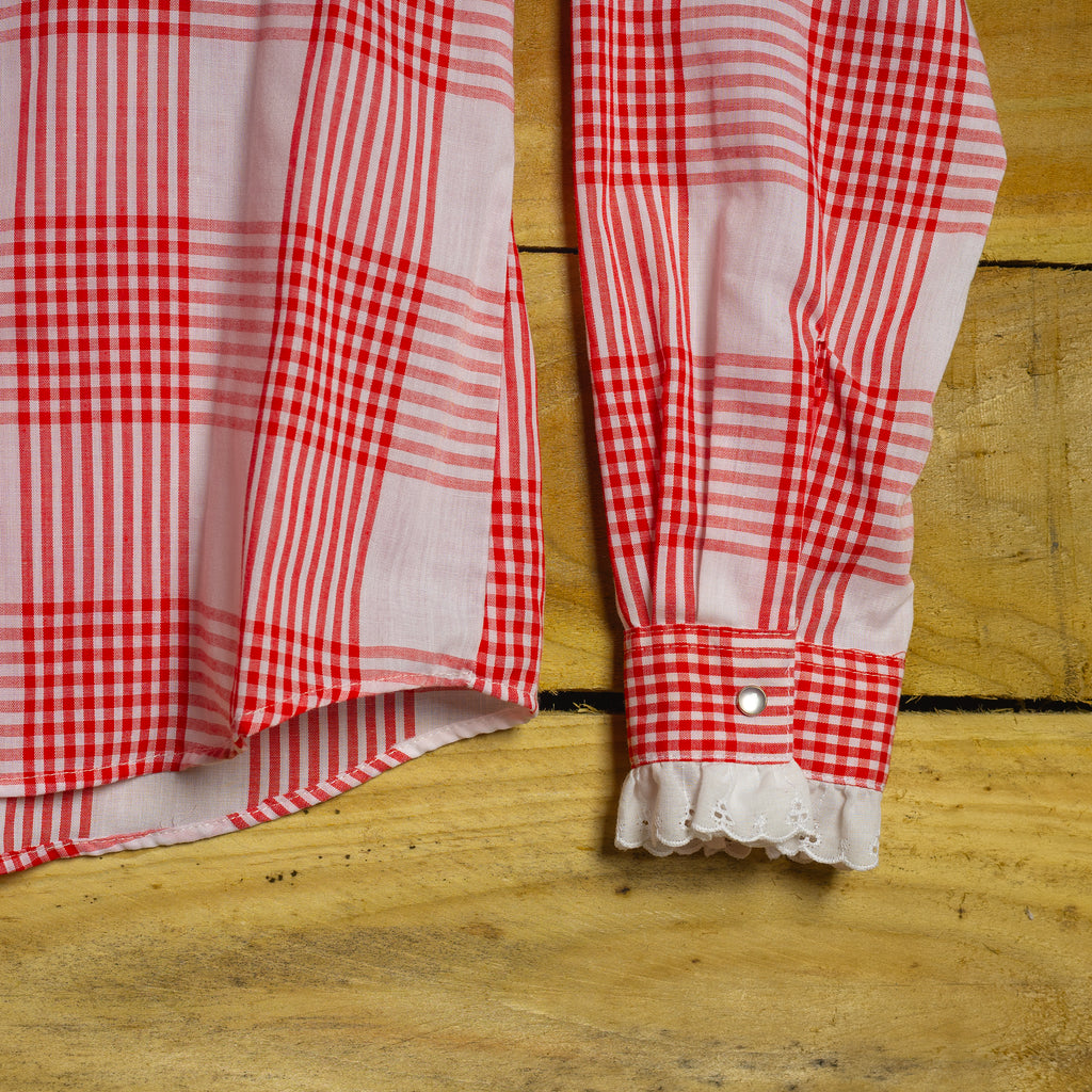 Rockmount Ranch Wear Red & White Western Blouse - Frilled Collar & Cuffs - Double Bow Back - Size M/10