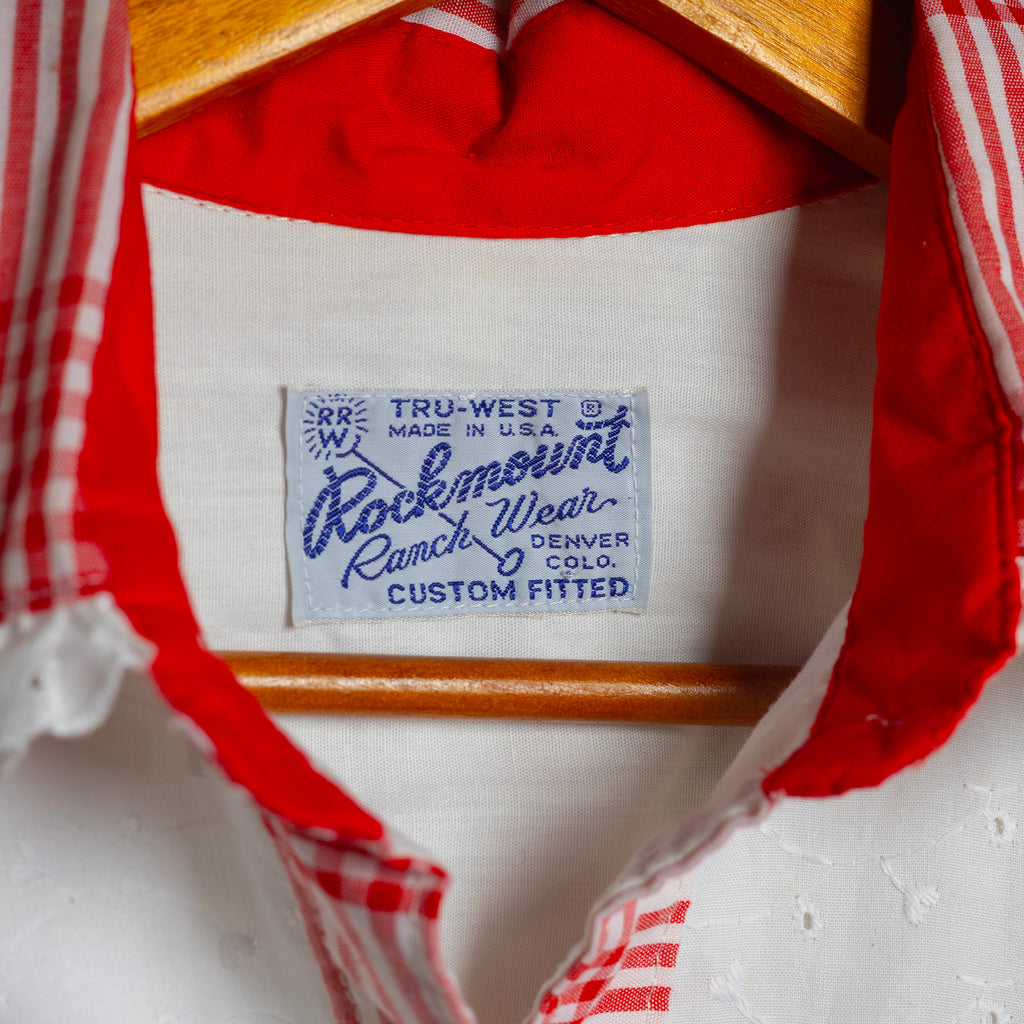 Rockmount Ranch Wear Red & White Western Blouse - Frilled Collar & Cuffs - Double Bow Back - Size M/10