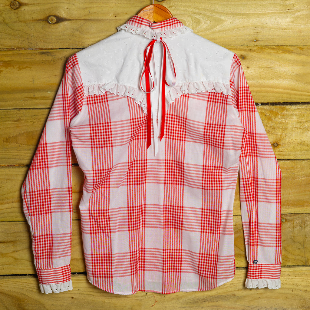 Rockmount Ranch Wear Red & White Western Blouse - Frilled Collar & Cuffs - Double Bow Back - Size M/10