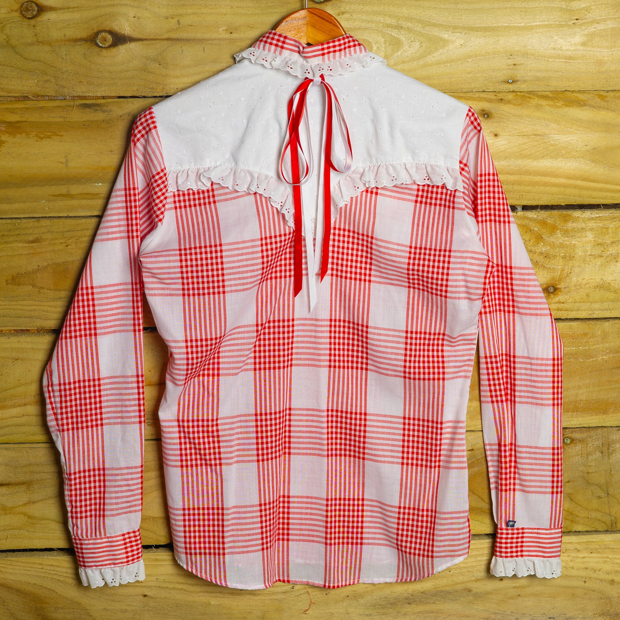 Rockmount Ranch Wear Red & White Western Blouse - Frilled Collar & Cuffs - Double Bow Back - Size M/10
