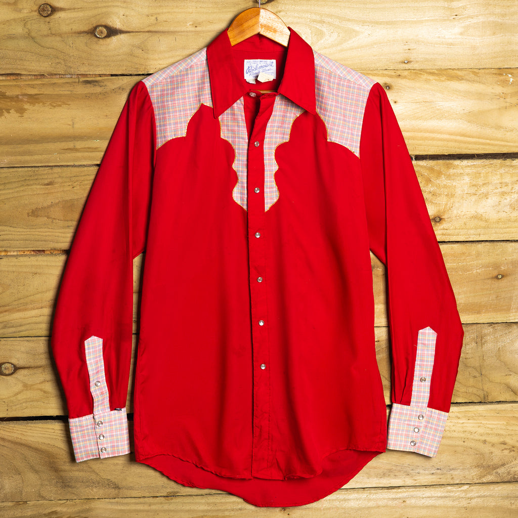 Vintage Rockmount Ranch Wear Red Western Shirt with Pearl Snaps & Gold Fleck Yoke — M