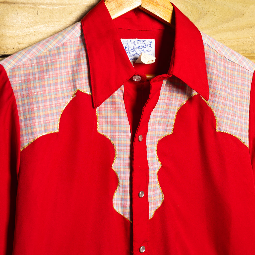 Vintage Rockmount Ranch Wear Red Western Shirt with Pearl Snaps & Gold Fleck Yoke — M