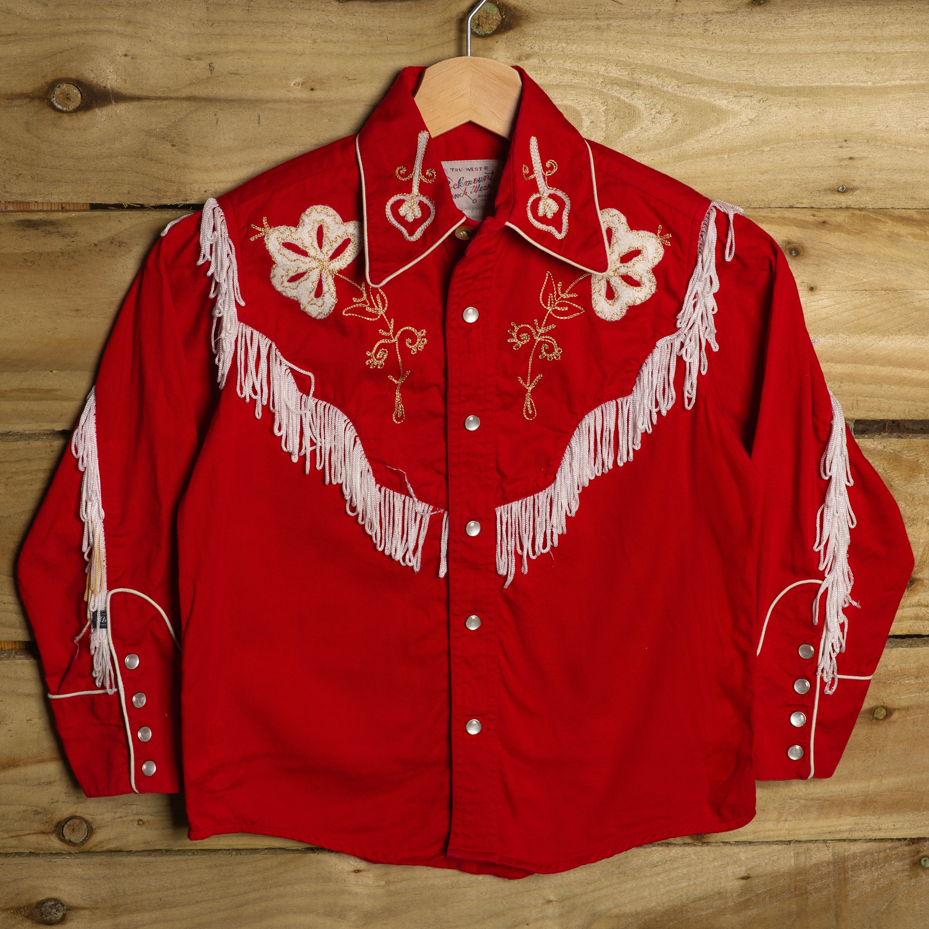 Rockmount Ranch Wear Vintage Kids Red Fringed Floral Embroidered Western Shirt – Pearl Snaps – XS (Age 4–6)