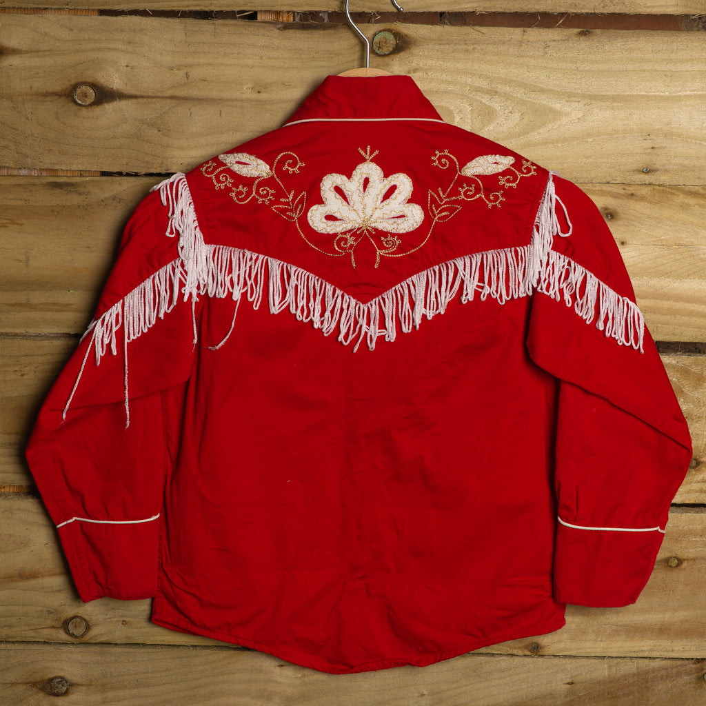Rockmount Ranch Wear Vintage Kids Red Fringed Floral Embroidered Western Shirt – Pearl Snaps – XS (Age 4–6)