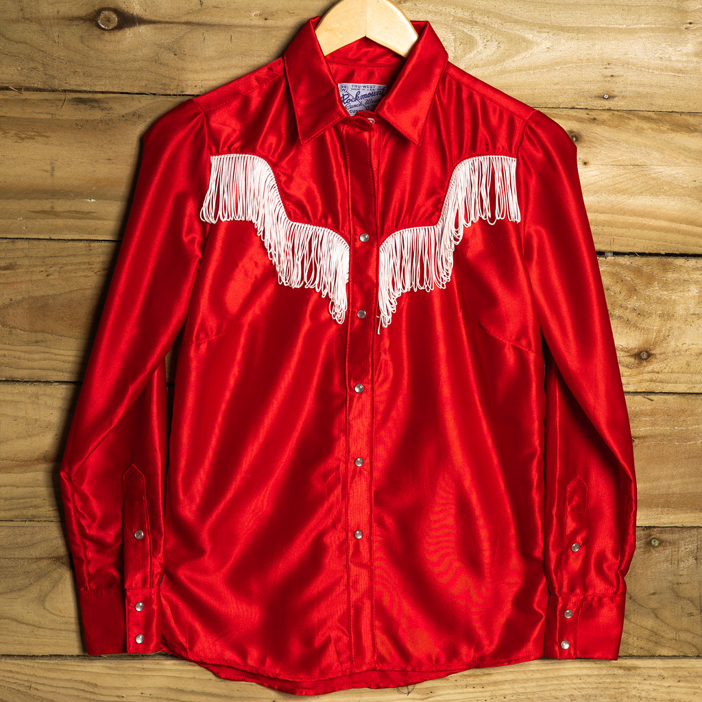 1970s Rockmount Ranchwear Red Fringed Western Shirt - Pearl Snaps - Size S (8-10)