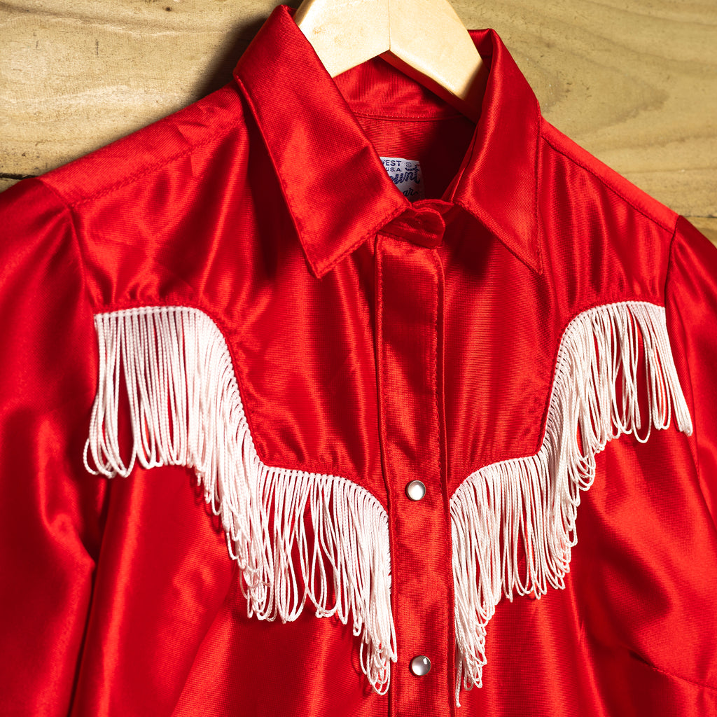1970s Rockmount Ranchwear Red Fringed Western Shirt - Pearl Snaps - Size S (8-10)