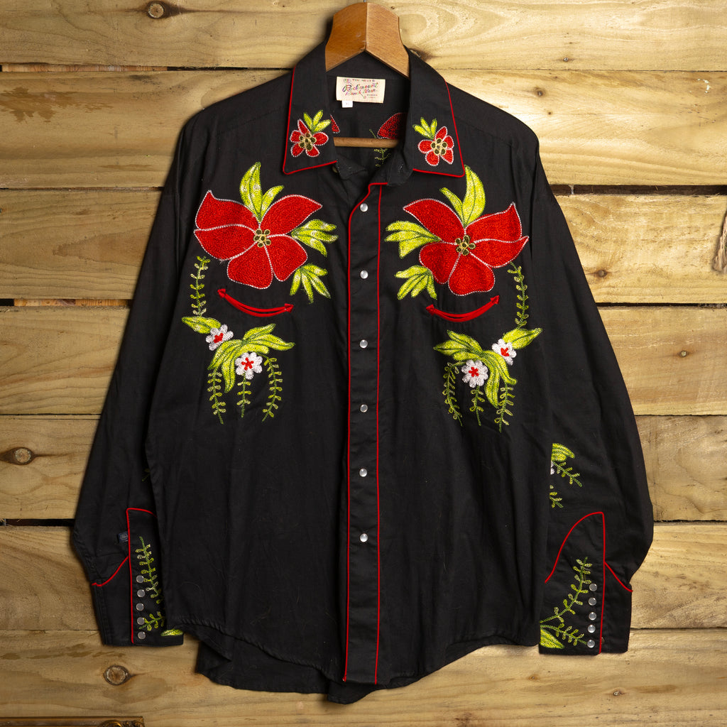 Rockmount Ranch Wear Floral Embroidered Black Western Shirt - Pearl Snaps - Size XL