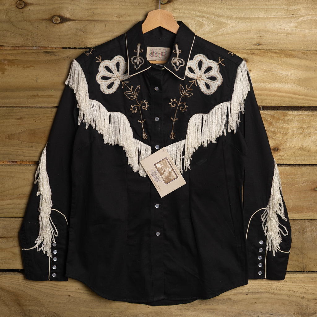NWT Rockmount Ranch Wear Floral Embroidered Fringed Pearl Snap Western Shirt — Women's Black L