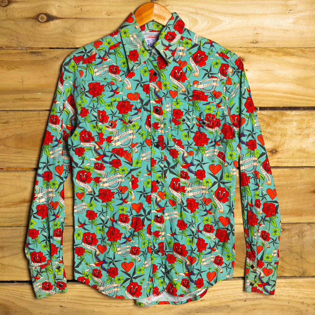 Rockmount Ranch Wear Tattoo Print Western Shirt with Black Square Snaps - Size M/10