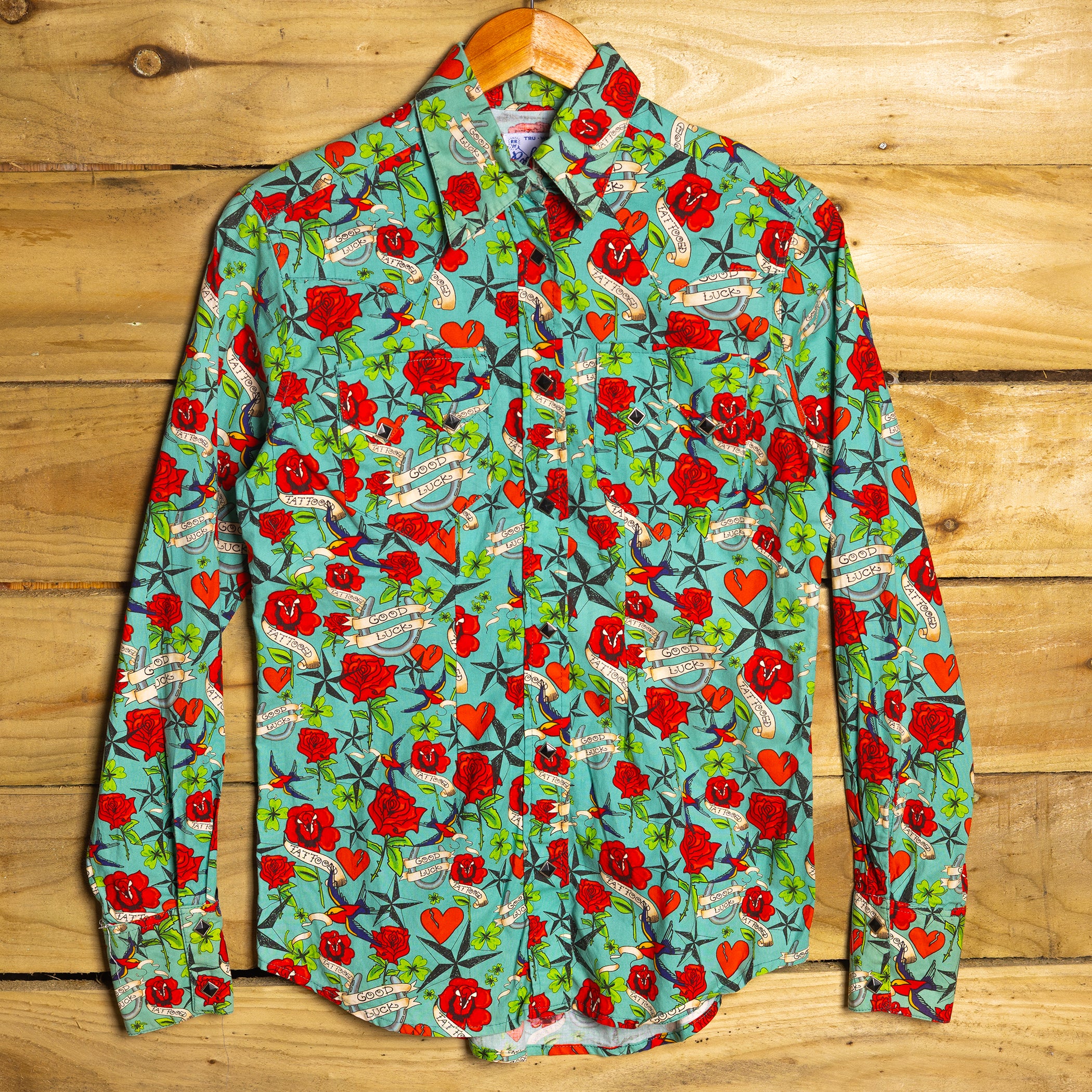 Rockmount Ranch Wear Tattoo Print Western Shirt with Black Square Snaps - Size M/10