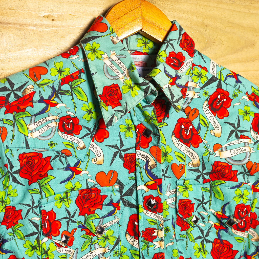 Rockmount Ranch Wear Tattoo Print Western Shirt with Black Square Snaps - Size M/10
