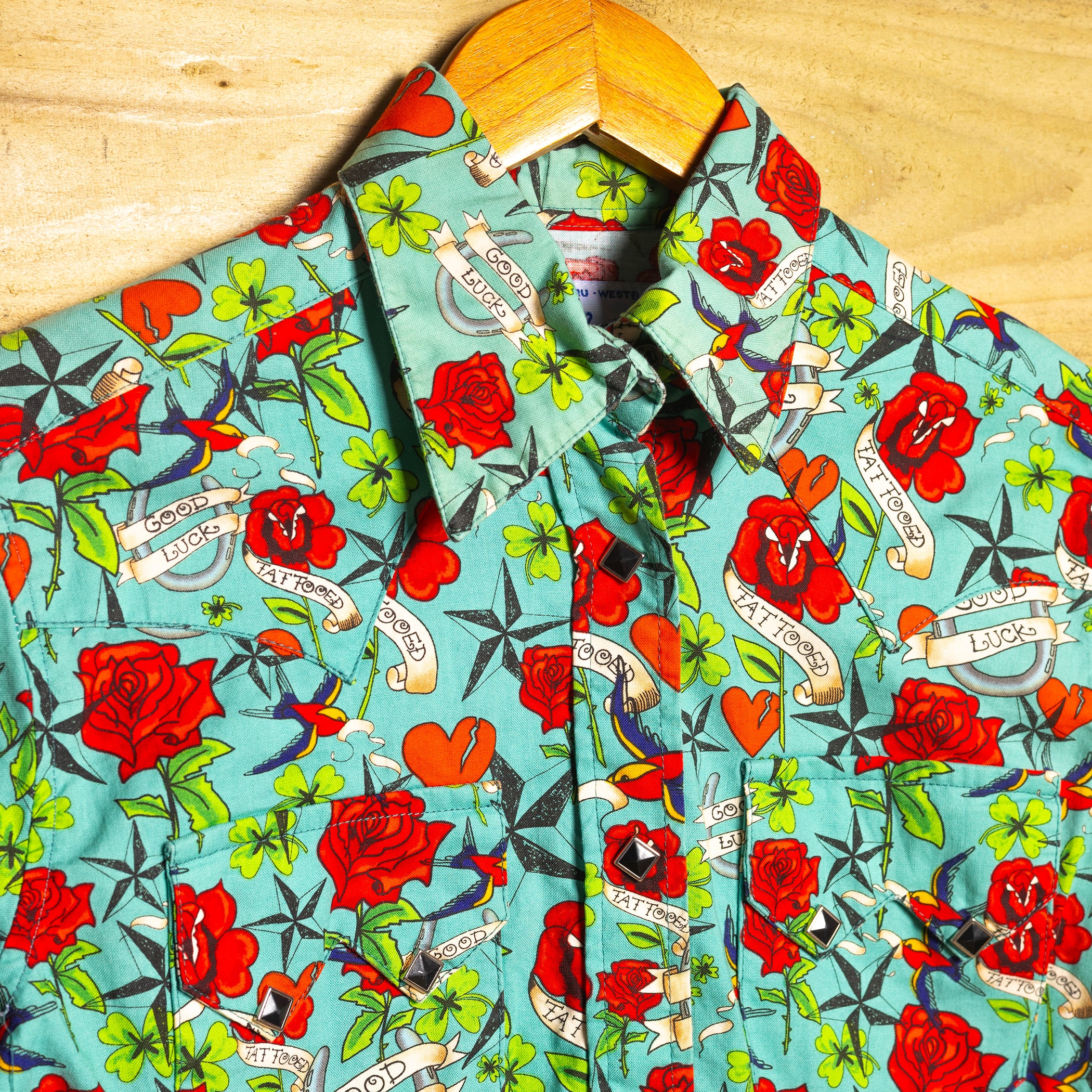 Rockmount Ranch Wear Tattoo Print Western Shirt with Black Square Snaps - Size M/10