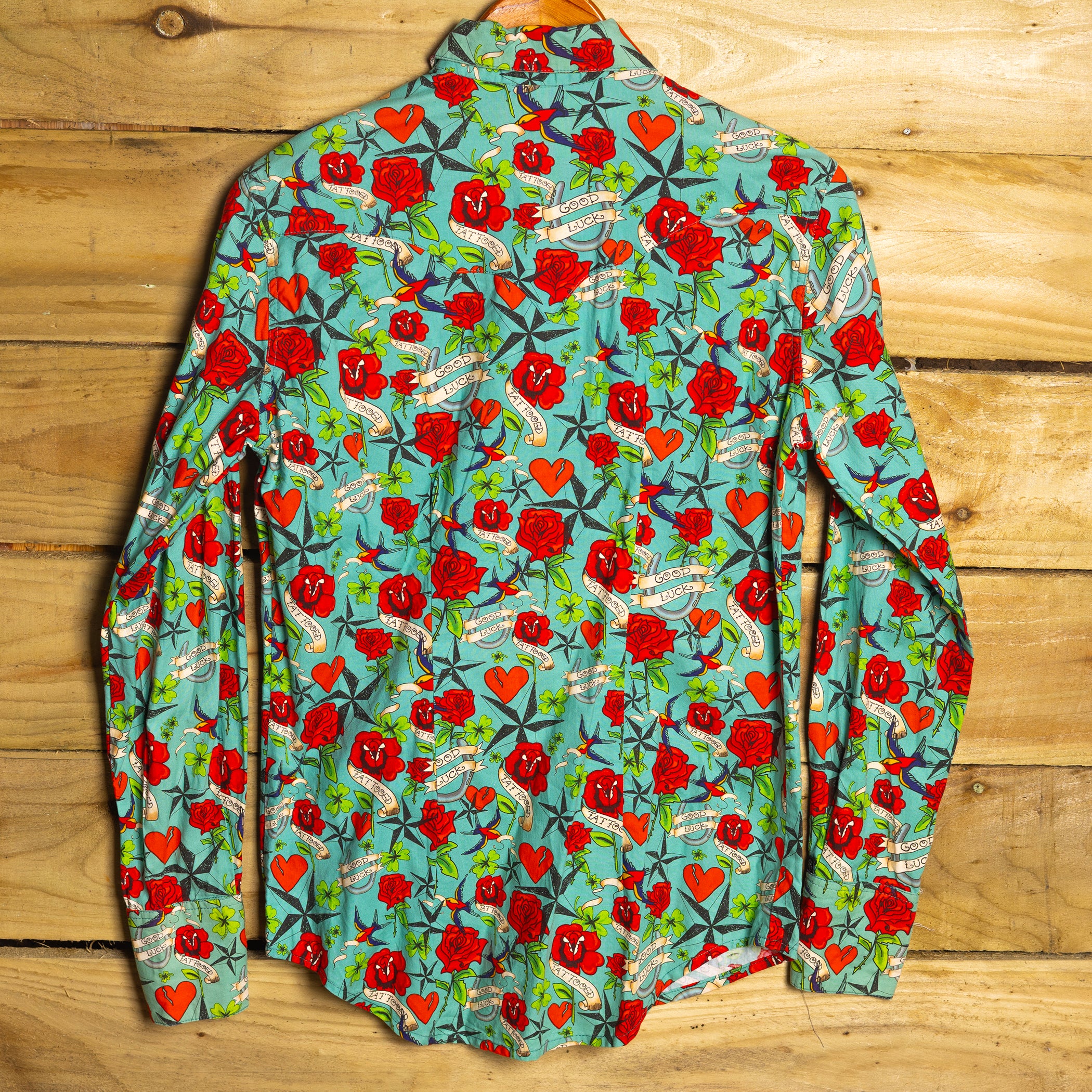 Rockmount Ranch Wear Tattoo Print Western Shirt with Black Square Snaps - Size M/10