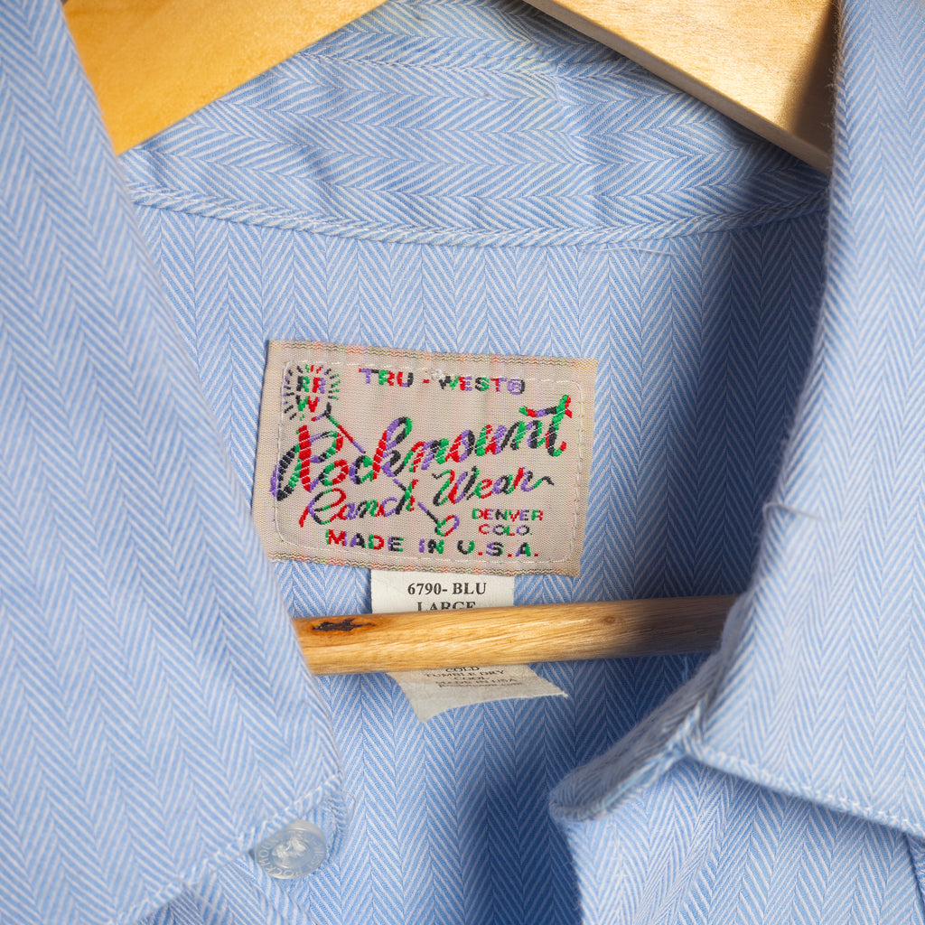 Vintage Rockmount Blue Herringbone Pearl Snap Western Shirt, L