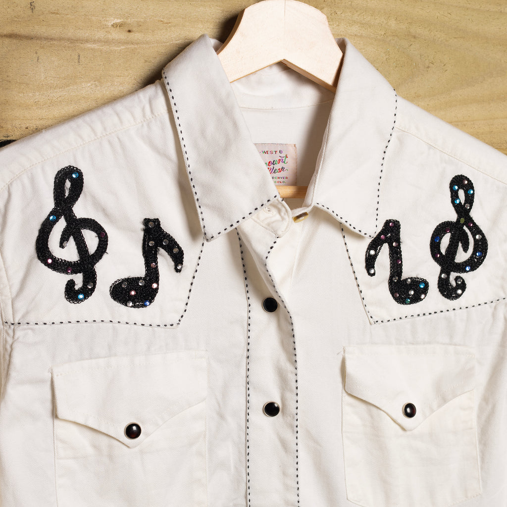 Vintage Rockmount Ranch Wear Musical Notes Embroidered Western Shirt – Pearl Snaps, XL