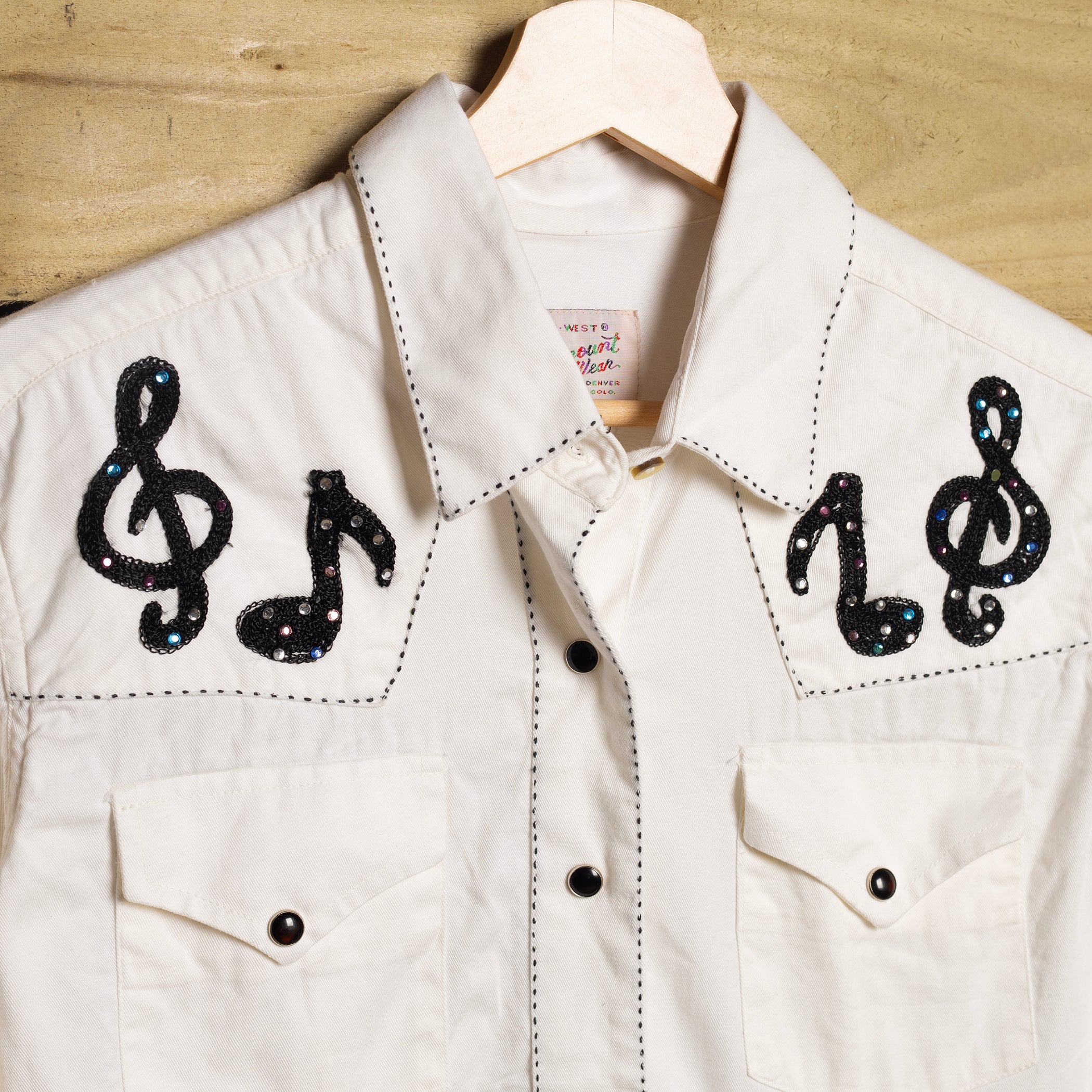 Vintage Rockmount Ranch Wear Musical Notes Embroidered Western Shirt – Pearl Snaps, XL