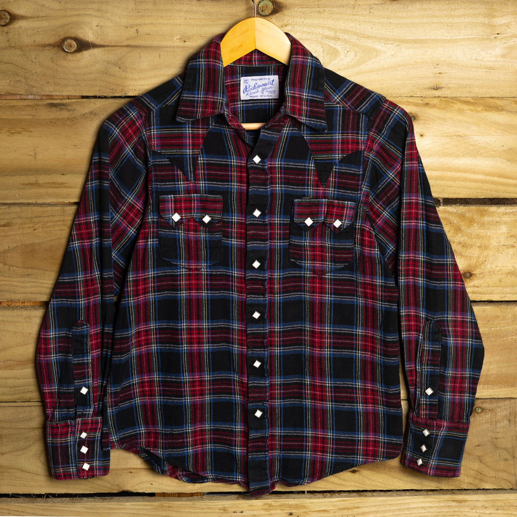 Rockmount Ranch Wear Vintage Blue & Red Plaid Flannel Pearl Snap Western Shirt — Size S