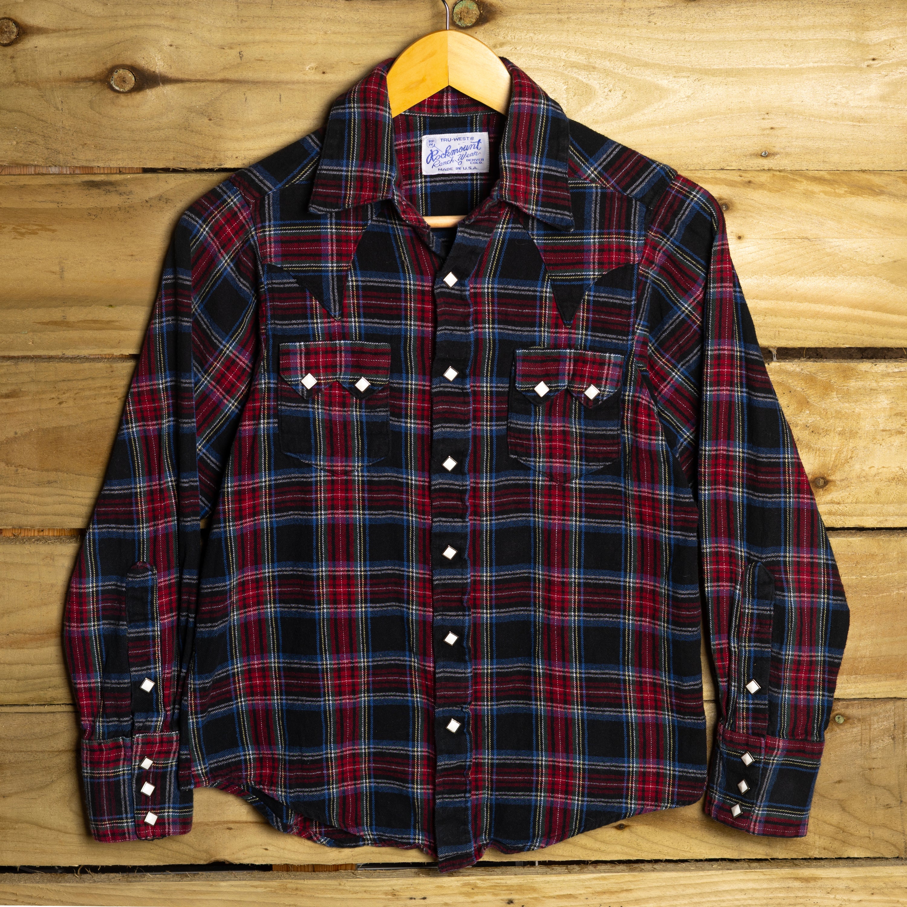 Rockmount Ranch Wear Vintage Blue & Red Plaid Flannel Pearl Snap Western Shirt — Size S