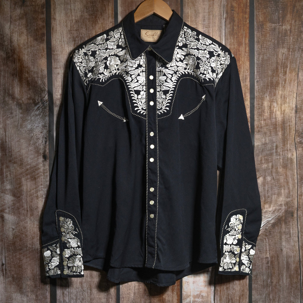 Scully Western Wear Embroidered Black and White Cowboy Shirt