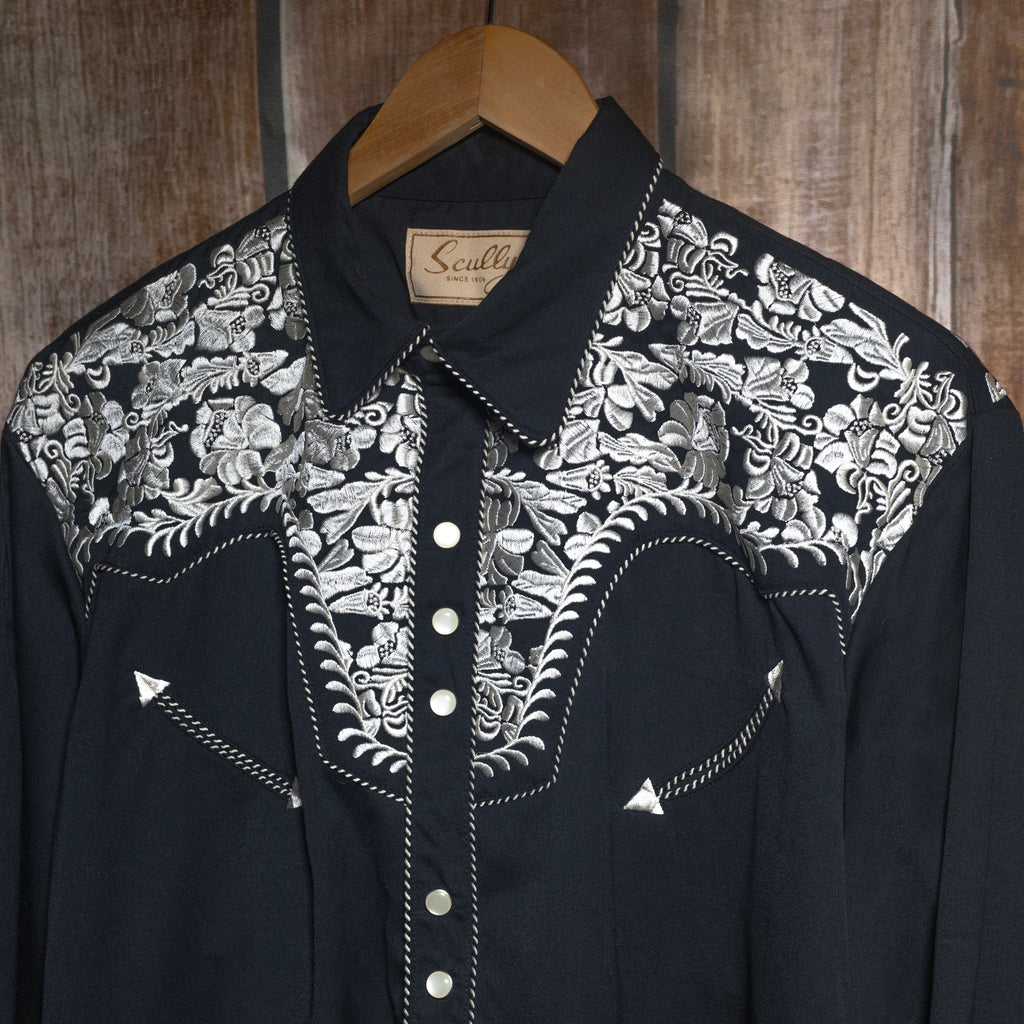 Scully Western Wear Embroidered Black and White Cowboy Shirt