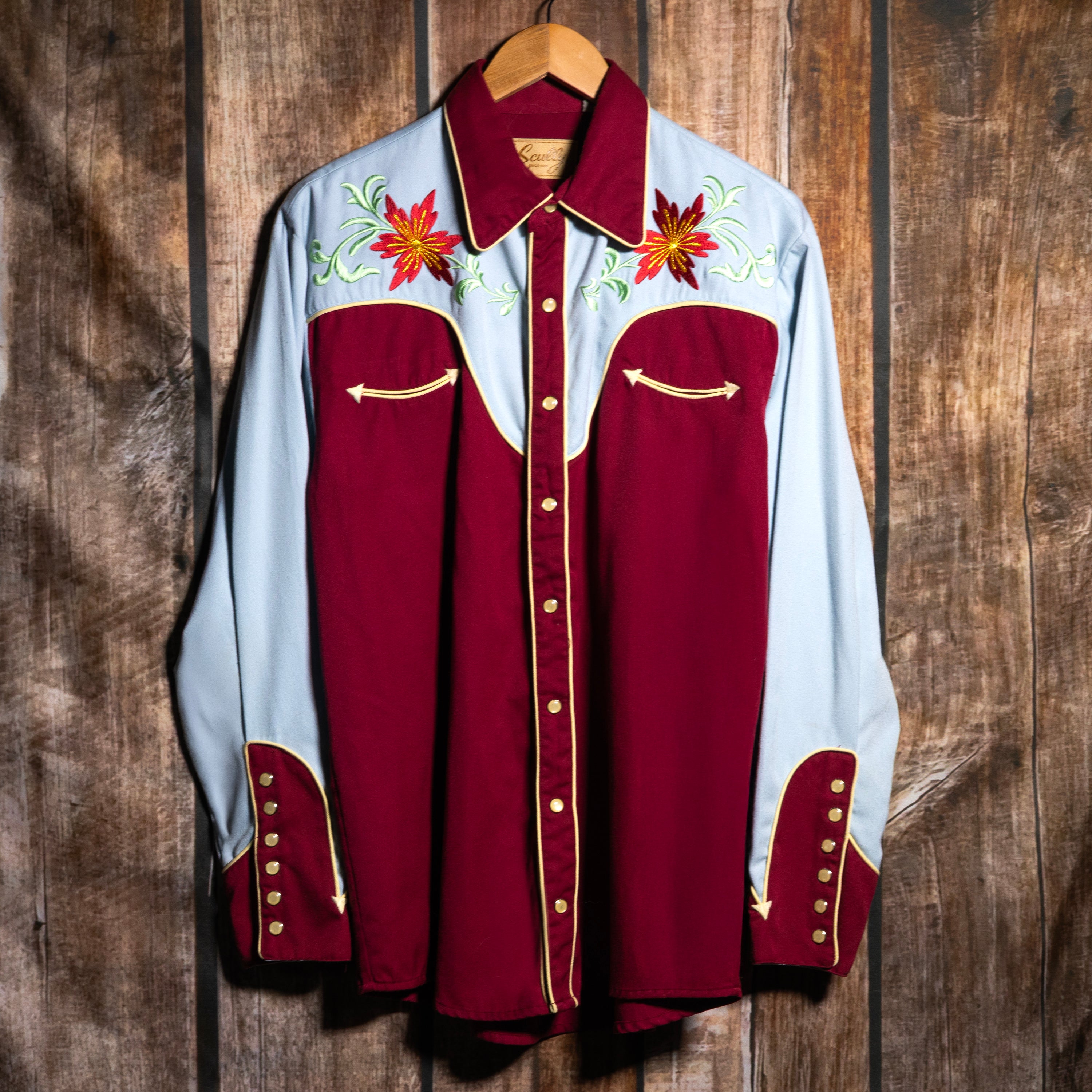 Vintage Scully Western Wear Burgundy and Blue Embroidered Cowboy Shirt