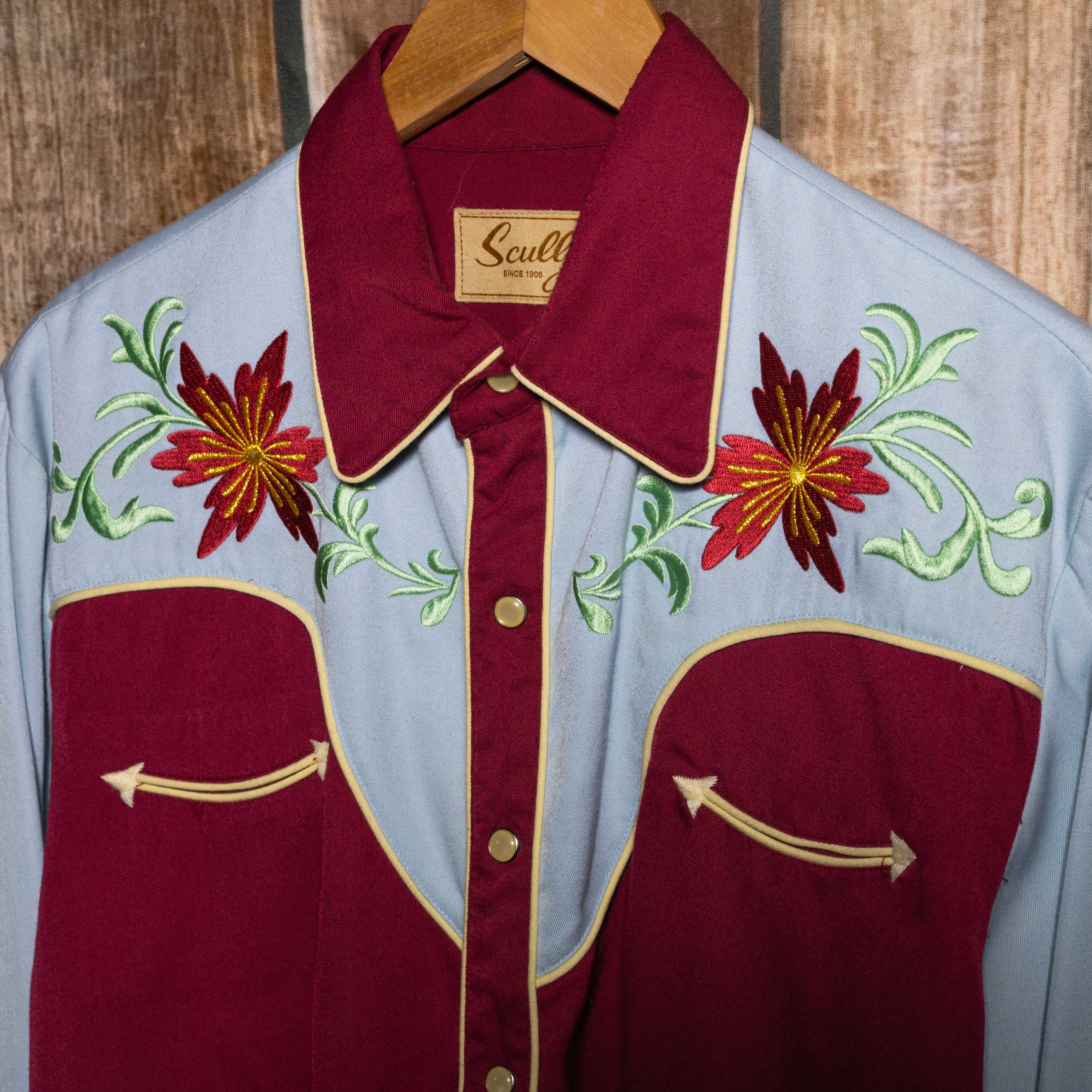Vintage Scully Western Wear Burgundy and Blue Embroidered Cowboy Shirt