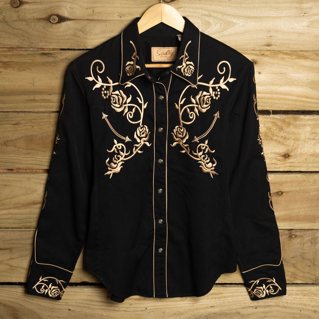 Scully Western Wear Vintage Black & Rose Gold Embroidered Pearl Snap Cowgirl Shirt — Size M