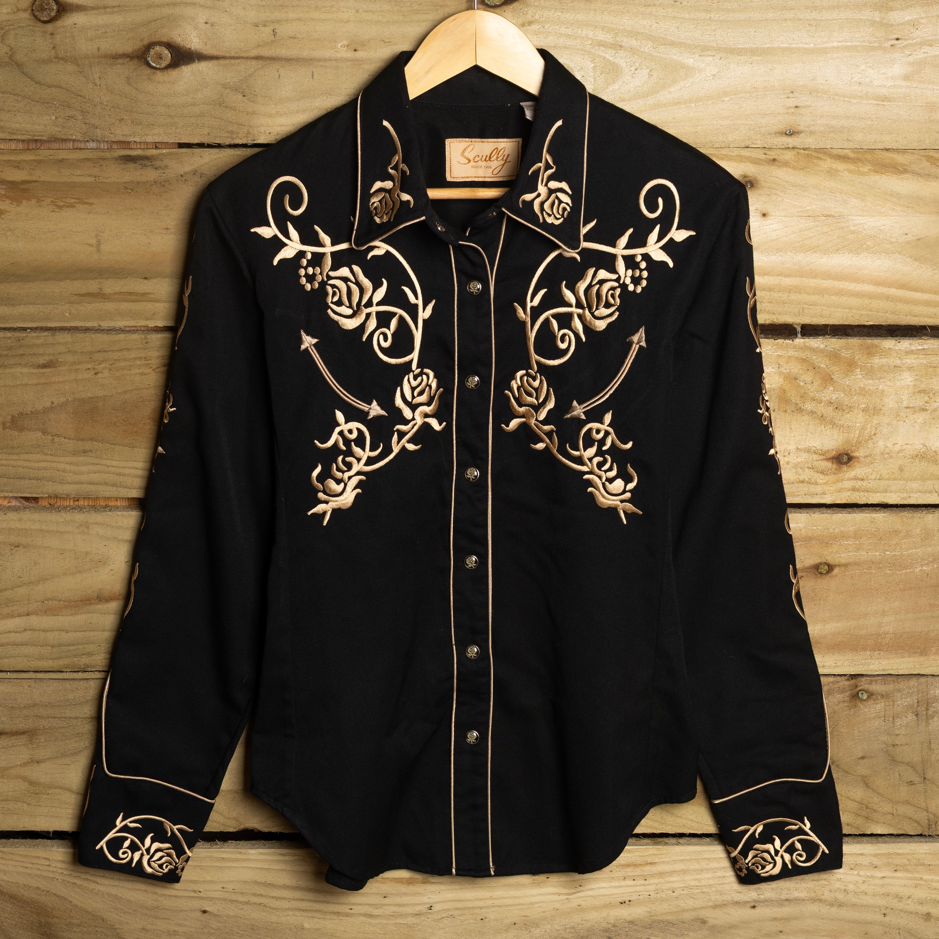 Scully Western Wear Vintage Black & Rose Gold Embroidered Pearl Snap Cowgirl Shirt — Size M