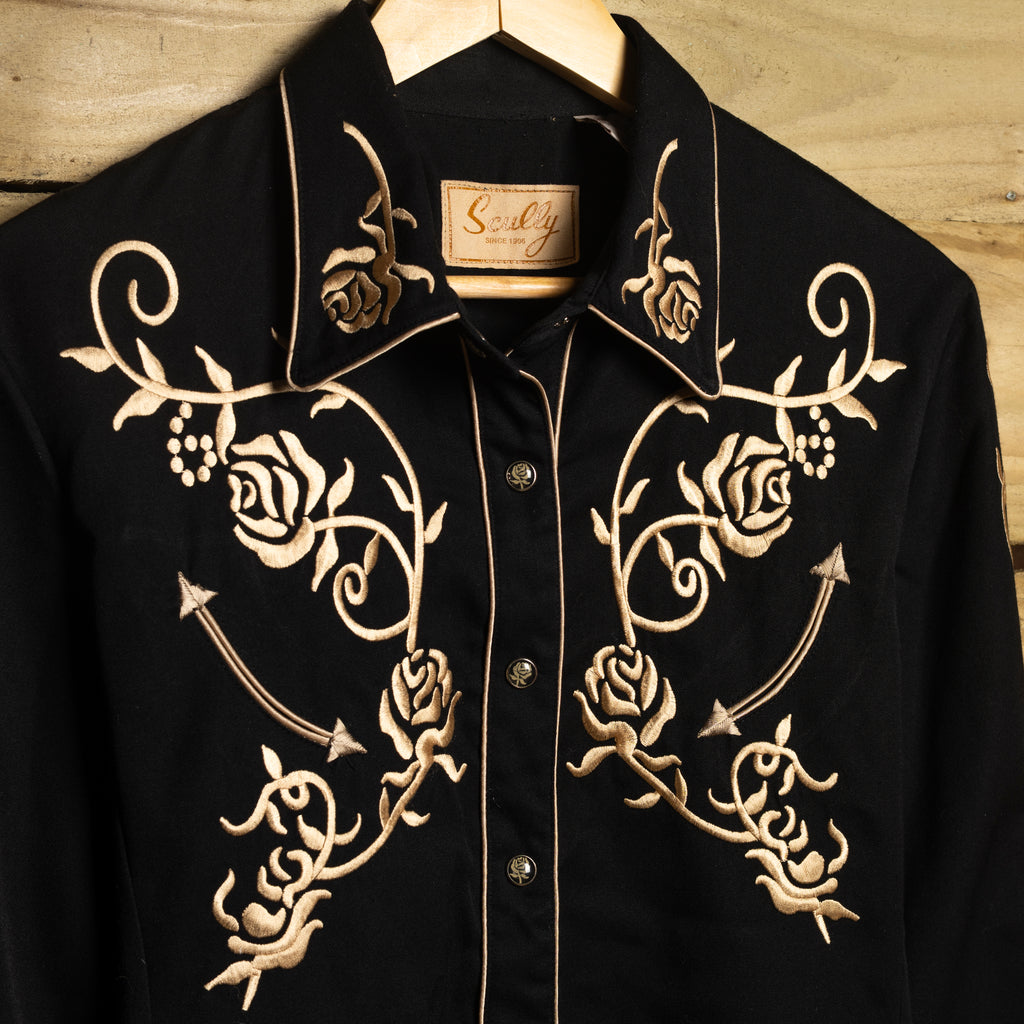 Scully Western Wear Vintage Black & Rose Gold Embroidered Pearl Snap Cowgirl Shirt — Size M