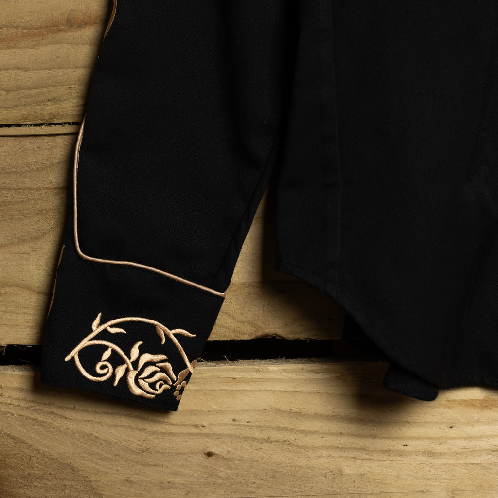 Scully Western Wear Vintage Black & Rose Gold Embroidered Pearl Snap Cowgirl Shirt — Size M